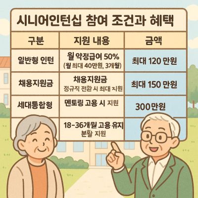 시니어인턴십 참여 조건과 혜택을 안내하는 고령자 취업 지원 썸네일 이미지